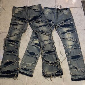 Distressed Blue Torn Denim Stacked Look 32x34 32x32